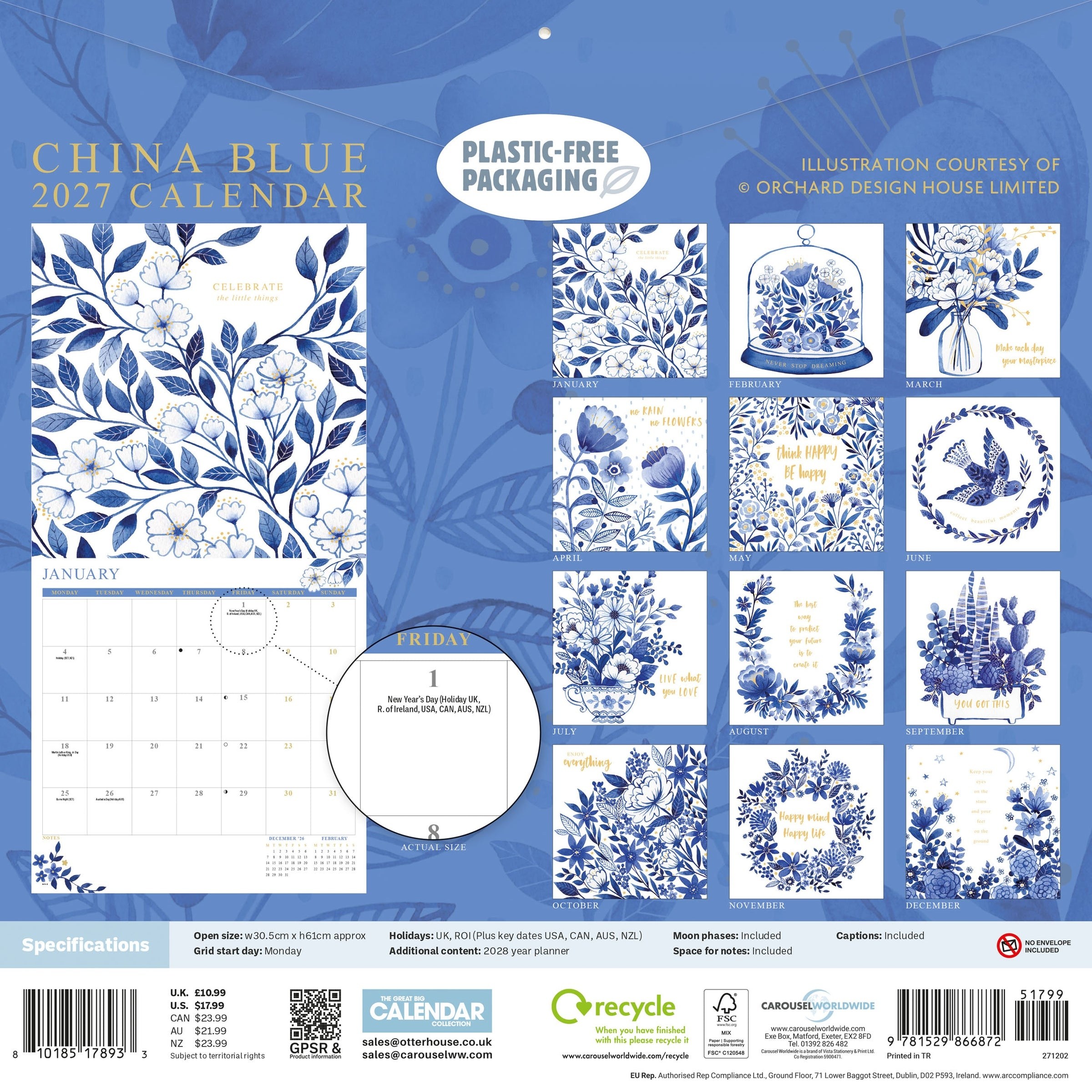China Blue Orchard Design 2027 Aylık Duvar Takvimi